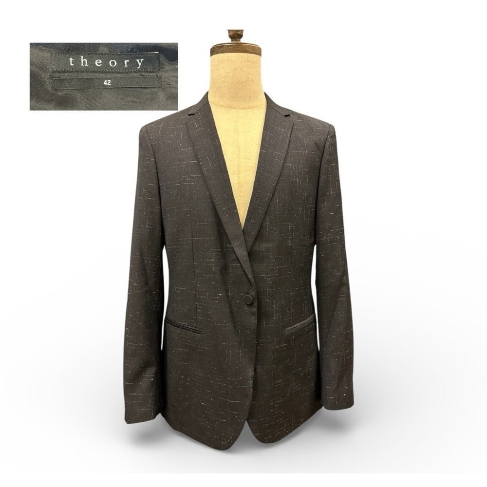 Theory Mens Blazer Jacket 42 Black  Crosshatch Slim Fit Sport‎ Coat 1-Button